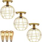 3 Lustres Teto Plafon + 3 Lâmpadas Led St64 Industrial Aramado Globo Retrô Vintage Dourado - Agp Ilumini/Gmh Tr