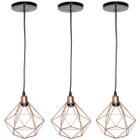 3 Pendente Aramado Diamante Luminária Lustre Luxo Pequeno Teto Retrô Agp Ilumini Industrial