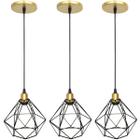 3 Pendente Aramado Diamante Luminária Lustre Luxo Pequeno Teto Retrô Agp Ilumini Industrial