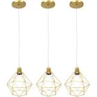 3 Pendente Aramado Diamante Luminárias Lustre Cabo Cristal Teto Retrô Dourado AgpIlumini