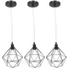 3 Pendente Aramado Diamante Luminárias Lustre Cabo Cristal Teto Retrô Preto Agp Ilumini