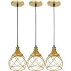 3 Pendente Aramado Esfera Balonê Dourado Lustre Luminária Teto Regulável Sala Cozinha Industrial Agp