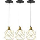 3 Pendentes Aramado Cálice Luminária Lustre Luxo Teto Retrô Vintage Dourado Agp Ilumini Industrial