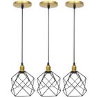 3 Pendentes Aramado Cálice Preto Luminária Lustre Industrial Teto Vintage Dourado Agp Ilumini