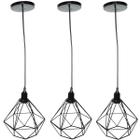 3 Pendentes Aramado Diamante Cabo 2 Mt Luminária Lustre Luxo Industrial Teto Retrô Agp Ilumini