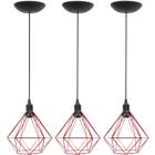 3 Pendentes Aramado Diamante Luminária Lustre P Teto Retrô Vintage Industrial Balcão Vermelho - Agp Ilumini