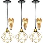 3 Pendentes Aramado Diamante Luminária Lustre Retrô Balcão + 3 Lâmpadas Led ST64 Vintage Teto