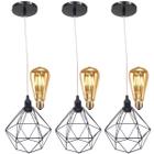 3 Pendentes Aramado Diamante Lustre Cabo Cristal P + 3 Lãmpadas Led ST64 Vintage Retrô Agp Gmh - Agp Ilumini/Gmh Tr