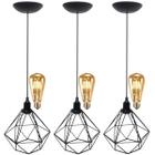 3 Pendentes Aramado Diamante Teto Luminária Retrô Balcão Agp + 3 Lâmpadas Led ST64 Vintage - Agp Ilumini/S/M