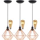 3 Pendentes Aramado Diamante Teto Luminária Retrô Balcão Agp Laranja + 3 Lâmpadas Led ST64 Vintage - Agp Ilumini/S/M