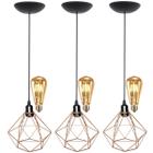 3 Pendentes Aramado Diamante Teto Luminária Retrô Balcão Cobre Rose Gold 3 Lâmpadas Led ST64 Vintage - Agp Ilumini/S/M