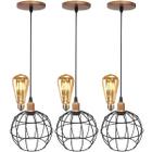 3 Pendentes Aramado Globo Luminária Lustre Retrô Balcão + 3 Lâmpadas Led ST64 Vintage Teto - Agp Ilumini/Gmh Tr