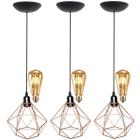 3 Pendentes Aramado Teto Diamante Luminária Lustre Retrô Balcão + Lâmpada Led ST64 Cobre Rose Gold - Agp Ilumini/Gmh Tr