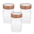 3 Potes de Vidro Quadrado Com Tampa Transparente Cobre 300ml