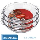 3 Travessas de Vidro Forma Filetada 1,3L Doces Torta Marinex