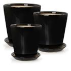 3 Vasos Cachepot Athena com Pratos Porcelana Preto Alto Brilho Pozzani