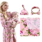 4 Pack Maternity Robe and Matching Baby Swaddle Blanket with Hat Headband Set, Stretchy Knitted Delivery Nursing Dress with Pockets and Receiving Blanket for Mummy and Baby (Pink Flower)