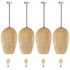 4 Pendente De Bambu Fibra Natural Corredor Nat63 + Led