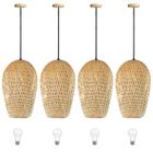 4 Pendente Fibra Natural Em Bambu Lanchonete Nat63 + Led - Acende a Luz