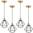 4 Pendentes Aramado Diamante Preto Luminária Lustre Industrial Teto Vintage Dourado Agp Ilumini