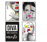 4 Quadros Placa Decorativo, Para Salão Beleza/Diva/Maquiagem/Manicure/Cabelo Black