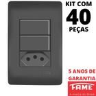 40un Interruptor Paralelo Three Way 10A 2 Teclas e Tomada Padrão 2P+T 20A Com Placa 4x2 Habitat Black FAME