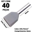 40un Terminal Tubular Ilhós Pré-isolado Duplo Para Cabo de 0,75mm² Metal 8mm Cinza TE7508