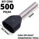 500un Terminal Tubular Ilhós Pré-isolado Duplo Para Cabo de 1,5mm² Metal 12mm Preto TE1512