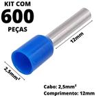 600un Terminal Tubular Ilhós Pré-isolado Simples Para Cabo de 2,5mm² Metal 12mm Azul E2512