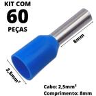 60un Terminal Tubular Ilhós Pré-isolado Simples Para Cabo de 2,5mm² Metal 8mm Azul E2508