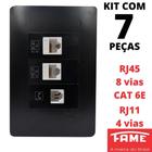 7un Tomada VD RJ11 4 Vias RJ45 CAT 6E 8 Vias Dupla Com Placa Habitat Black FAME