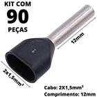 90un Terminal Tubular Ilhós Pré-isolado Duplo Para Cabo de 1,5mm² Metal 12mm Preto TE1512