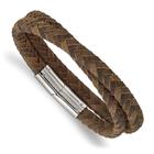 Aço inoxidável polido couro marrom 14.75in Wrap Bracelet