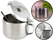 Açucareiro De Mesa Em Aço Inox Com Colher Alça Tampa Abre E Fecha 450ml Clink