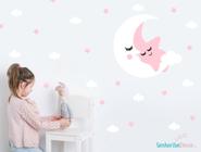 Adesivo De Parede Lua Céu Estrela Kit Nuvem Menina Rosa Bebê - senhorita decor