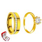 Aliança Casamento Banhado Ouro 18k 6mmR Riscos + Anel Solitário 2mm Zirconia Branca