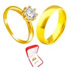 Aliança Ouro 18k 6mm Anatomica Tradicional Casamento + Anel Solitário 2mm Zirconia Branca Ouro 18k Casal Noivos Luxo