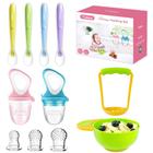 Alimentador de alimentos Baby Fresh Fruit Feeder (2 Pack) com 3 pacifiers de silicone de tamanho diferente, mash e serve tigela com 4 colheres de silicone de ponta macia, perfect baby first stage feeding set by MICHEF