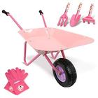 Altdorff Kids carrinho de mão conjunto de metal, criança roda barril rosa fácil de montar e crianças jardinagem ferramentas kit, brinquedos de jardim com carrinho de roda pequena, brinquedos interiores ao ar livre para meninas