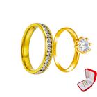 Anel Cravejado Pedras Brancas 3mm Banhado Ouro 18k + Anel Solitário 2mm Ouro 18k Casal Noiva Casamento Luxo