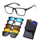 Armação de Óculos + 5 Clip ON de Sol Masculino Troca Lentes Polarizado UV Adicional Magnetico