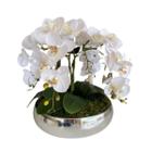 Arranjo 4 Flores De Orquídeas Brancas Vaso Prateado Grande