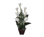 Arranjo Flores Artificiais Copo de Leite Branco Vaso Cachepot Madeira