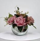 Arranjo Flores Rosas Artificiais Lindas Vaso Prata 30x25cm