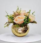 Arranjo Flores Rosas Artificiais Vaso Dourado 30x25cm
