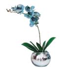 Arranjo No Vaso Prata Flores Artificial Orquideas Azul