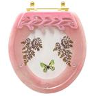 Assento Sanitário Decorado Oval Convencional Rosa Quartzo Com Borboleta Verde para todas as marcas Com Ferragem Dourada