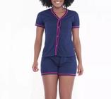 Baby Doll feminino pijama americano blusa com botões e short macio