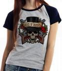 Baby look blusa feminina ou Camiseta unissex Guns in Roses Caveira