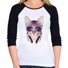 Baby Look Raglan Gato Headphone Manga 3/4 - Foca na Moda